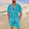 Mens Lapel Short Sleeved Tops and Shorts Two Piece Set