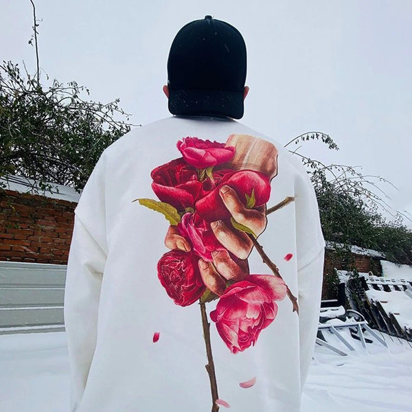 Mens Flower Print Loose White Sweatshirt