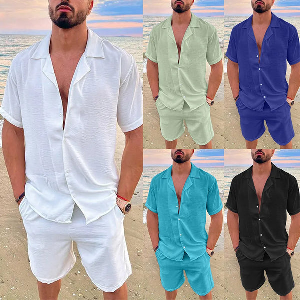 Mens Lapel Short Sleeved Tops and Shorts Two Piece Set