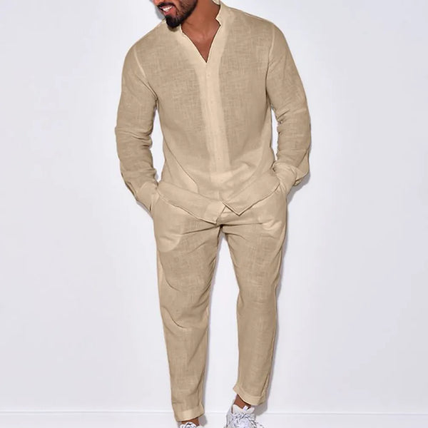 Mens V neck Long sleeved Shirt and Trousers Two piece Set