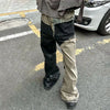 Mens Patchwork Gradient Layered Wax Pants Street Flared Jeans