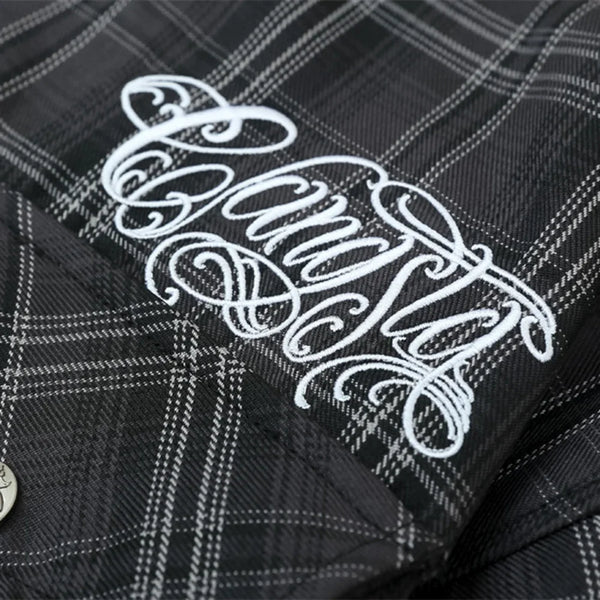 Mens Casual Plaid Lapel Shirt With Embroidered Letters