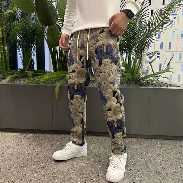 Mens Trendy Street Slim Trousers With Bear Embroidery