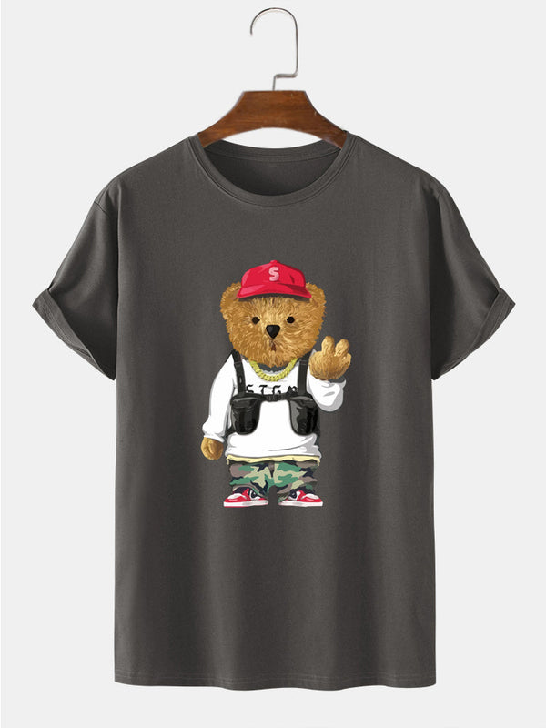 Cartoon Bear Print Crew Neck Short Sleeve T-Shirts