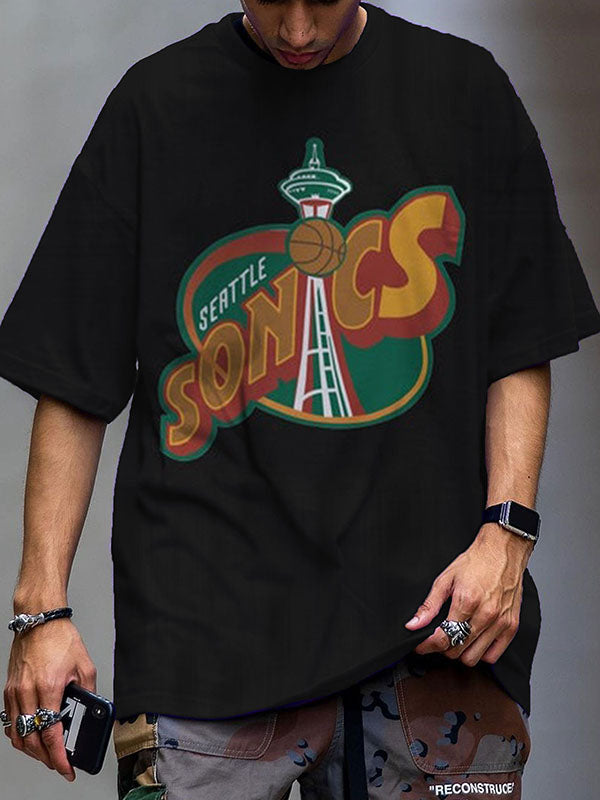 Basketball Seattle Sonics Print Retro T-shirt