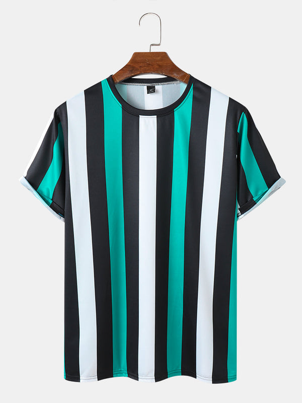 Wide Striped Crew Neck Casual Short Sleeve T-Shirts