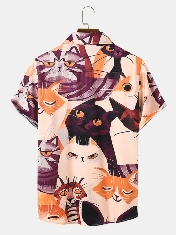 Mens All Over Cartoon Cat Print Street Short Sleeve Shirts