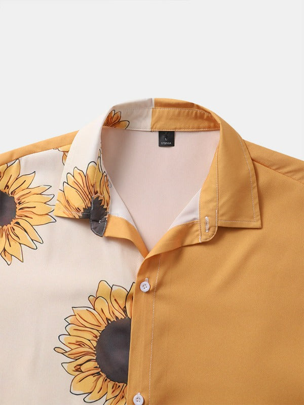 Sunflower Print Patchwork Lapel Holiday Short Sleeve Shirts