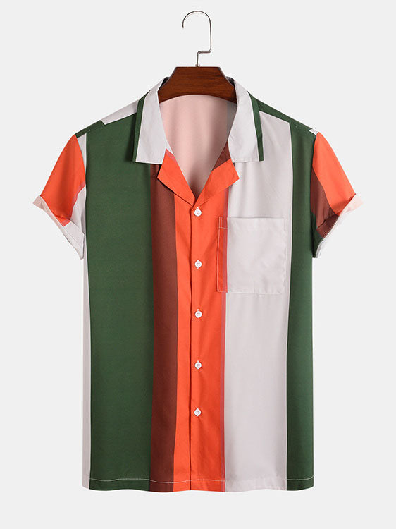 Colour Blocking Striped Lapel Short Sleeve Shirt