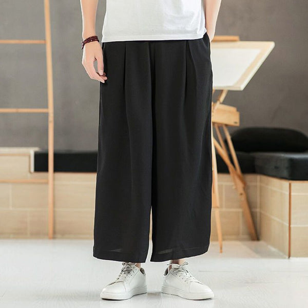 men's chinese style casual solid color straight wide leg pants