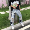 American Hip Hop Stitching Contrasting Color Straight Ripped Jeans