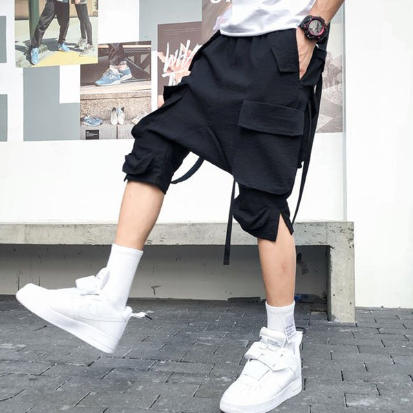 Harajuku Hip Hop Multi-Pocket Ribbon Men's Cargo Shorts
