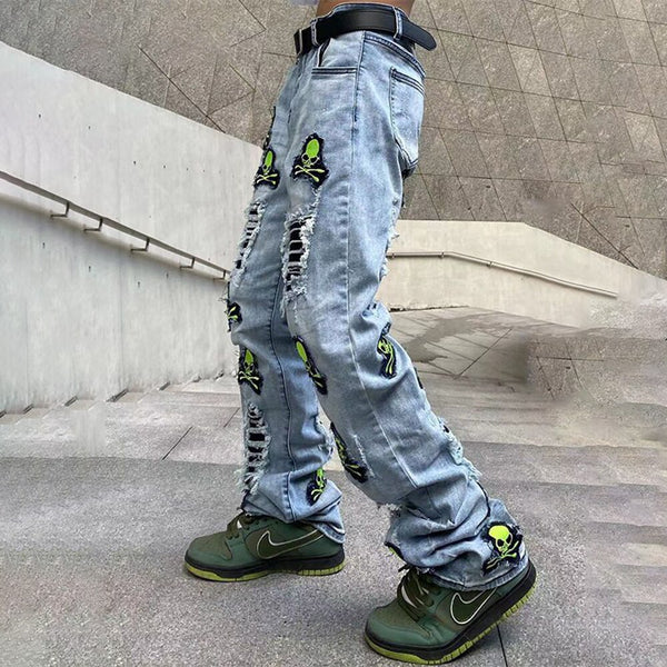 Y2K fashion street style men's ripped jeans
