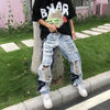 American Hip Hop Stitching Contrasting Color Straight Ripped Jeans