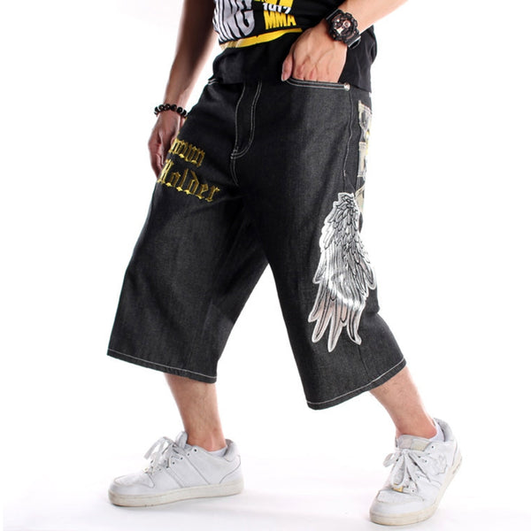 Men's Embroidered Hip Hop Sport Oversized Denim Shorts