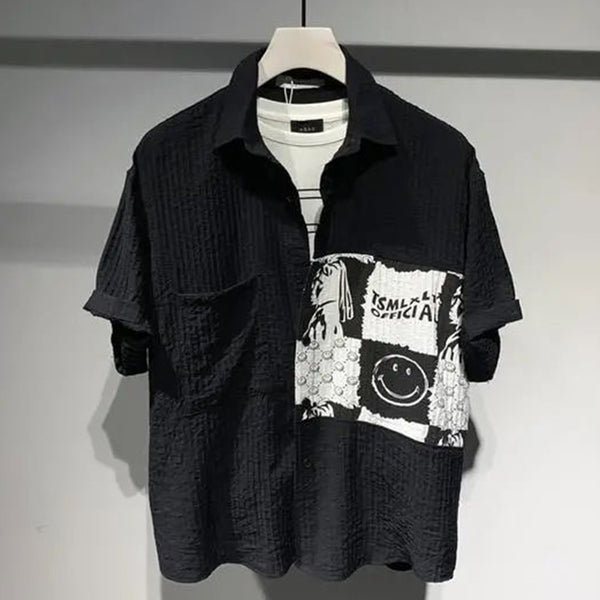 Men's Casual Paneled Smile Print Shirt