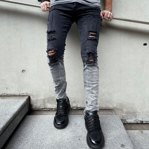 Men's Slim Fit Zipper Black Hole Cutout Jeans