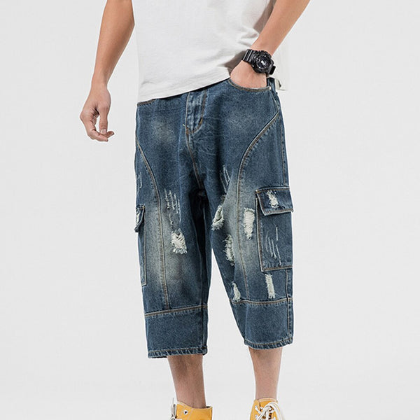 Fashion Men's Retro Straight Denim Cropped Pants