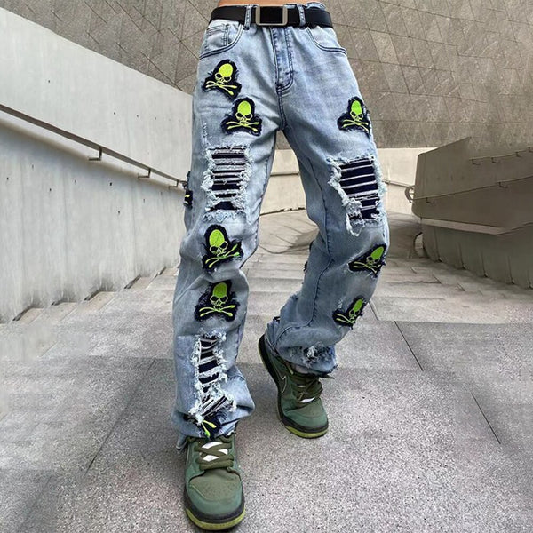Y2K fashion street style men's ripped jeans