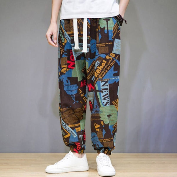 Men's New Chinese Style Cotton Loose Printed Wide Leg Pants