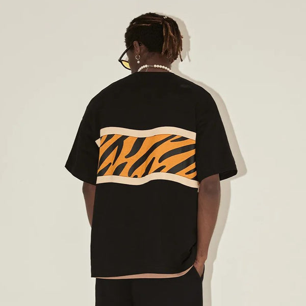 Men's Summer Street Personalized Tiger Stripe Stitching Print Short Sleeves