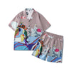 Casual men's printed short-sleeved cardigan shorts two-piece set