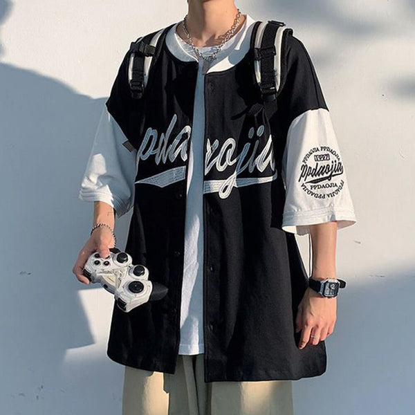 Street Hip Hop Color Contrast Stitching Men's Baseball Shirt