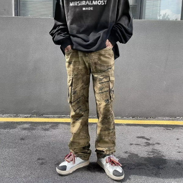 American retro street distressed washed camouflage denim trousers