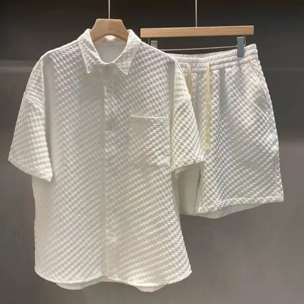 Men's solid color lapel collar short shirt two piece set