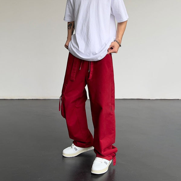 Korean style men's multi-pocket casual workwear wide-leg pants