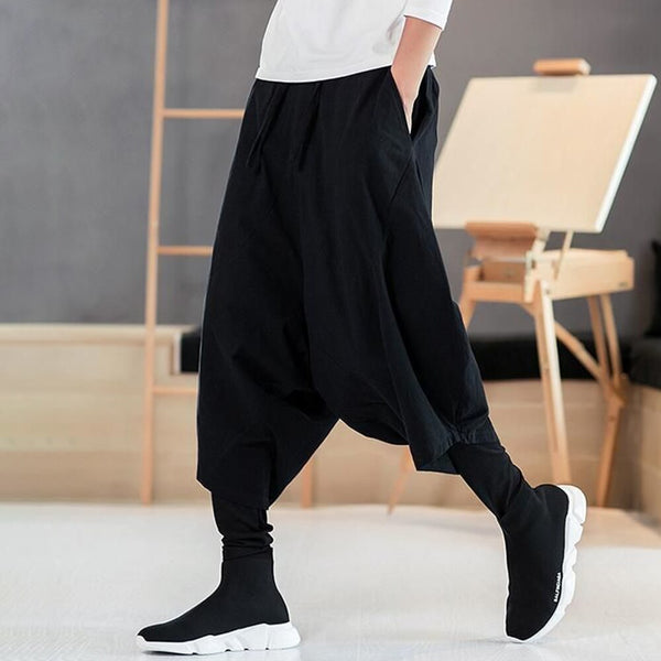 Trendy men's summer ethnic style retro wide-leg harem pants