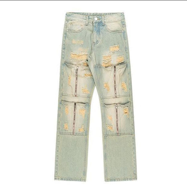 Men's High Street Hip Hop Distressed Zipper Vintage Jeans