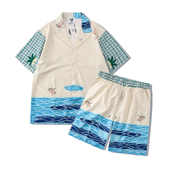 Men's Casual Printed Shirt Shorts Two-Piece Set