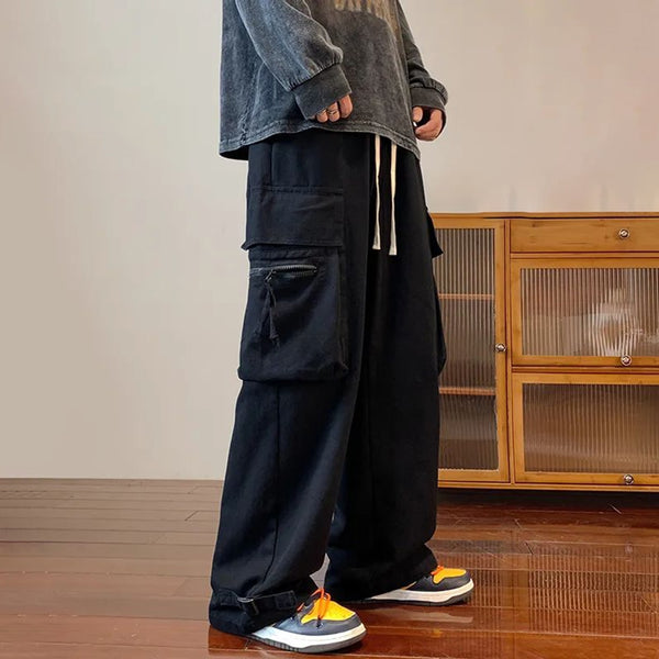 American trendy street drawstring solid color large pocket wide-leg overalls