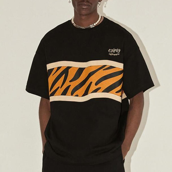 Men's Summer Street Personalized Tiger Stripe Stitching Print Short Sleeves