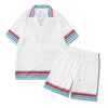 Men's Retro Casual Contrast Color Gradient Short Sleeve Shirt Shorts Two-Piece Set