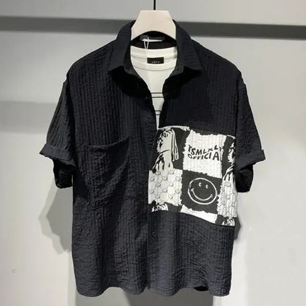Men's Casual Paneled Smile Print Shirt