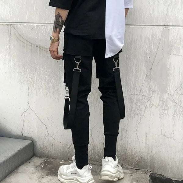 Korean style trendy rope with zipper design elastic slim men's legged pants