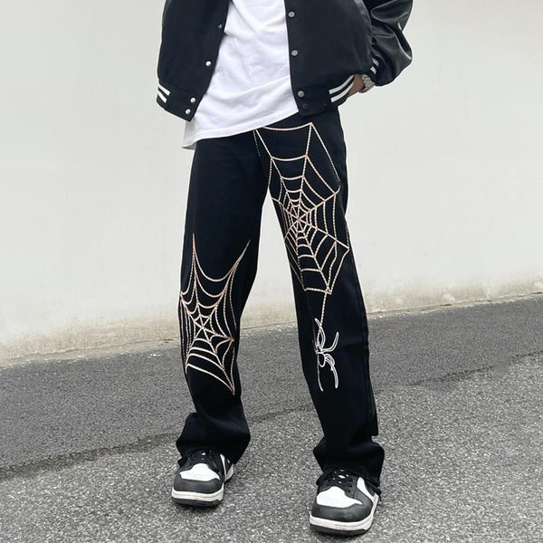 Men's Embroidered Spider Web Straight-Leg Jeans