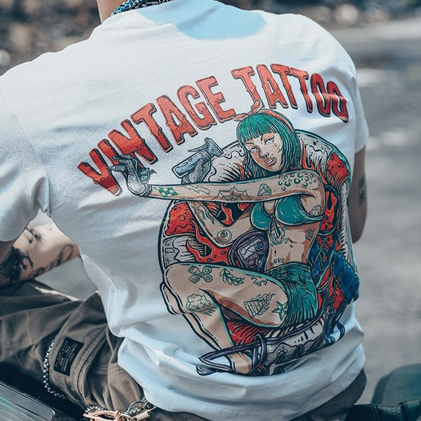 Rock punk biker printed cotton short-sleeved T-shirt
