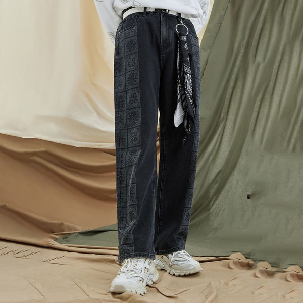 Korean version of ins paisley stitching straight wide-leg printed jeans