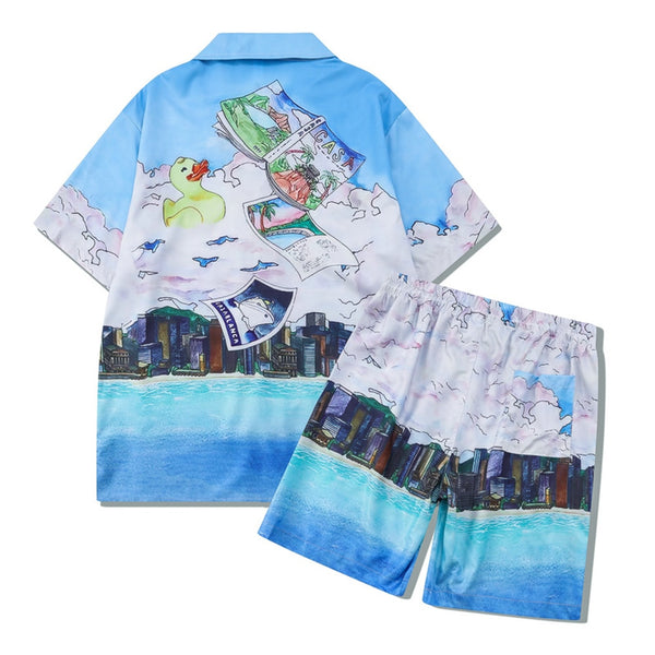 Men's Summer Street Casual Loose Printed Short Sleeve Shirt Shorts Two-piece Set