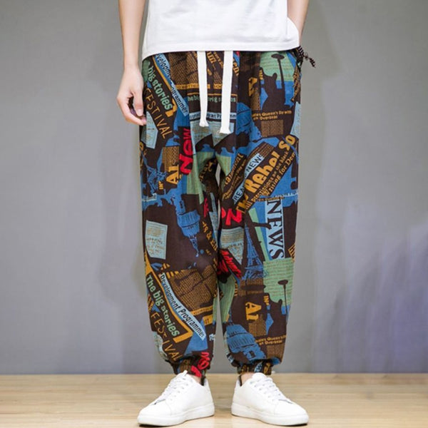 Men's New Chinese Style Cotton Loose Printed Wide Leg Pants