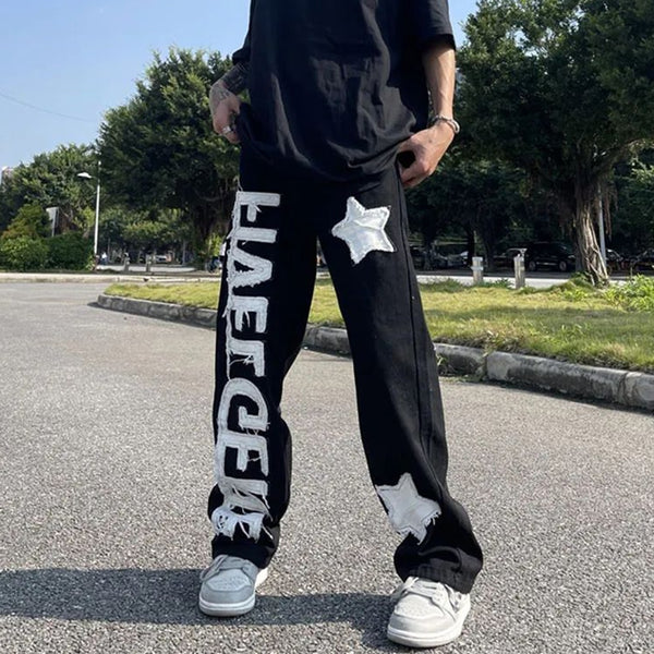 Y2k High Street Hip Hop Appliquéd Straight Leg Men's Jeans