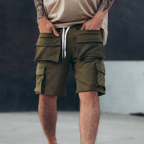 Hip-hop functional solid multi-pocket cargo shorts