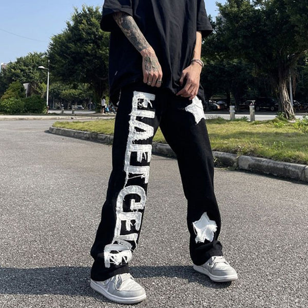 Y2k High Street Hip Hop Appliquéd Straight Leg Men's Jeans
