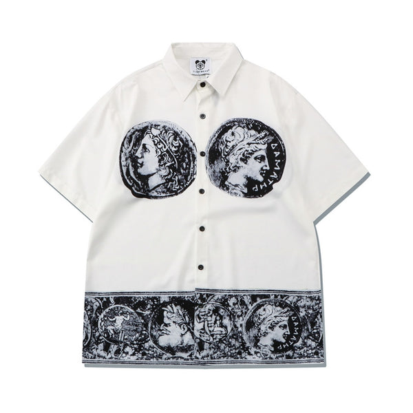 Men's Vintage Print Shirt Shorts Two-Piece Set