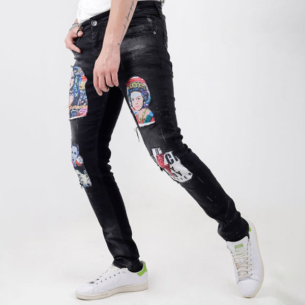 Old-fashioned washed print thin design small feet elastic casual trousers