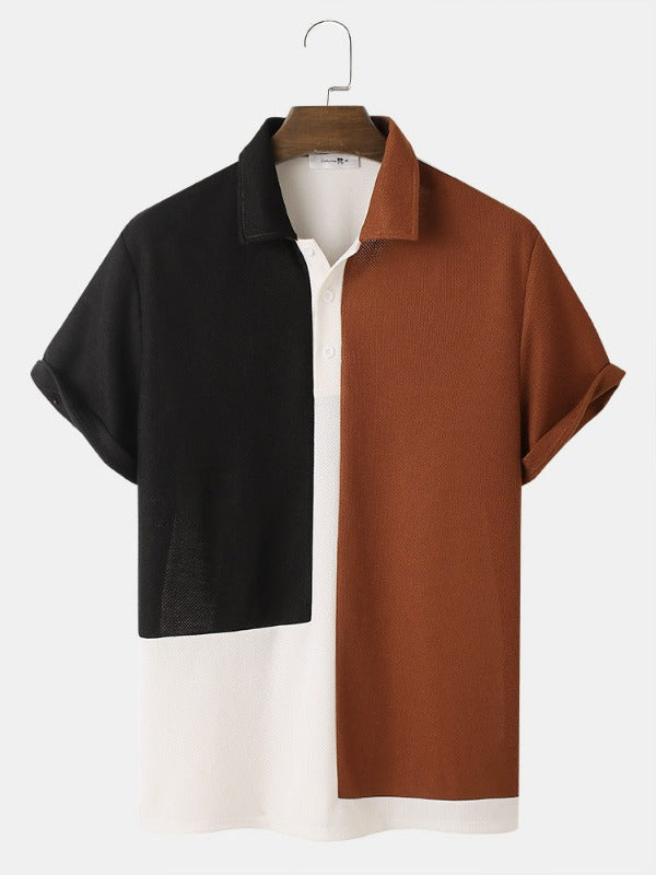 Tricolor Knitted Lapel Short Sleeve Regular Hem Shirt