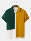 Tricolor Knitted Lapel Short Sleeve Regular Hem Shirt